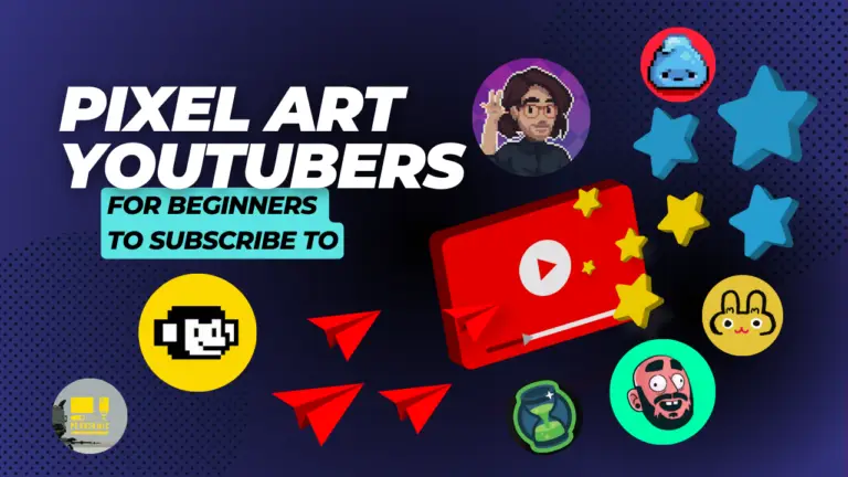 A busy graphic visual with pixel artists' logos beside a youtube graphic, decorated with paper airplanes and stars. In plain font, the graphic reads "Pixel Art Youtubers for Beginners to Subscribe To"