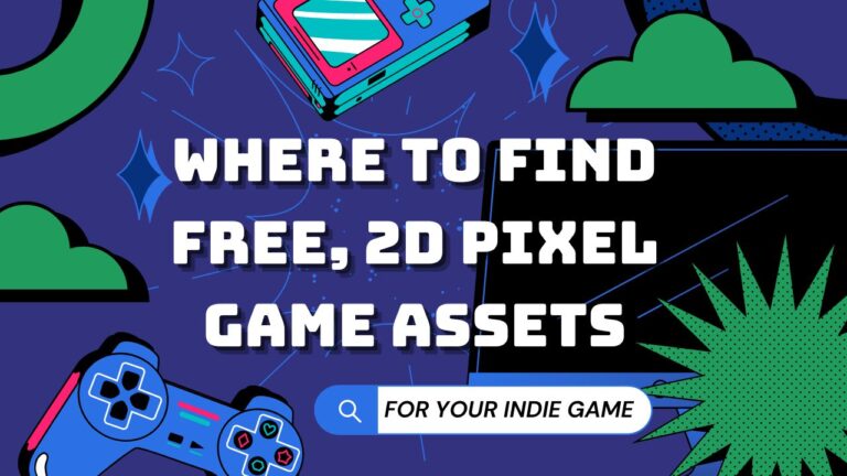 Against corporate memphis design style graphics, a bold title reads "Where to Find Free, 2D Pixel Game Assets"