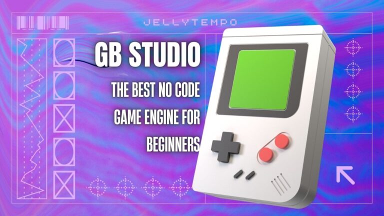 An image of a game boy hand held console against a purple and blue abstract background with the title in white "GB Studio: The Best Game Engine for Beginners"